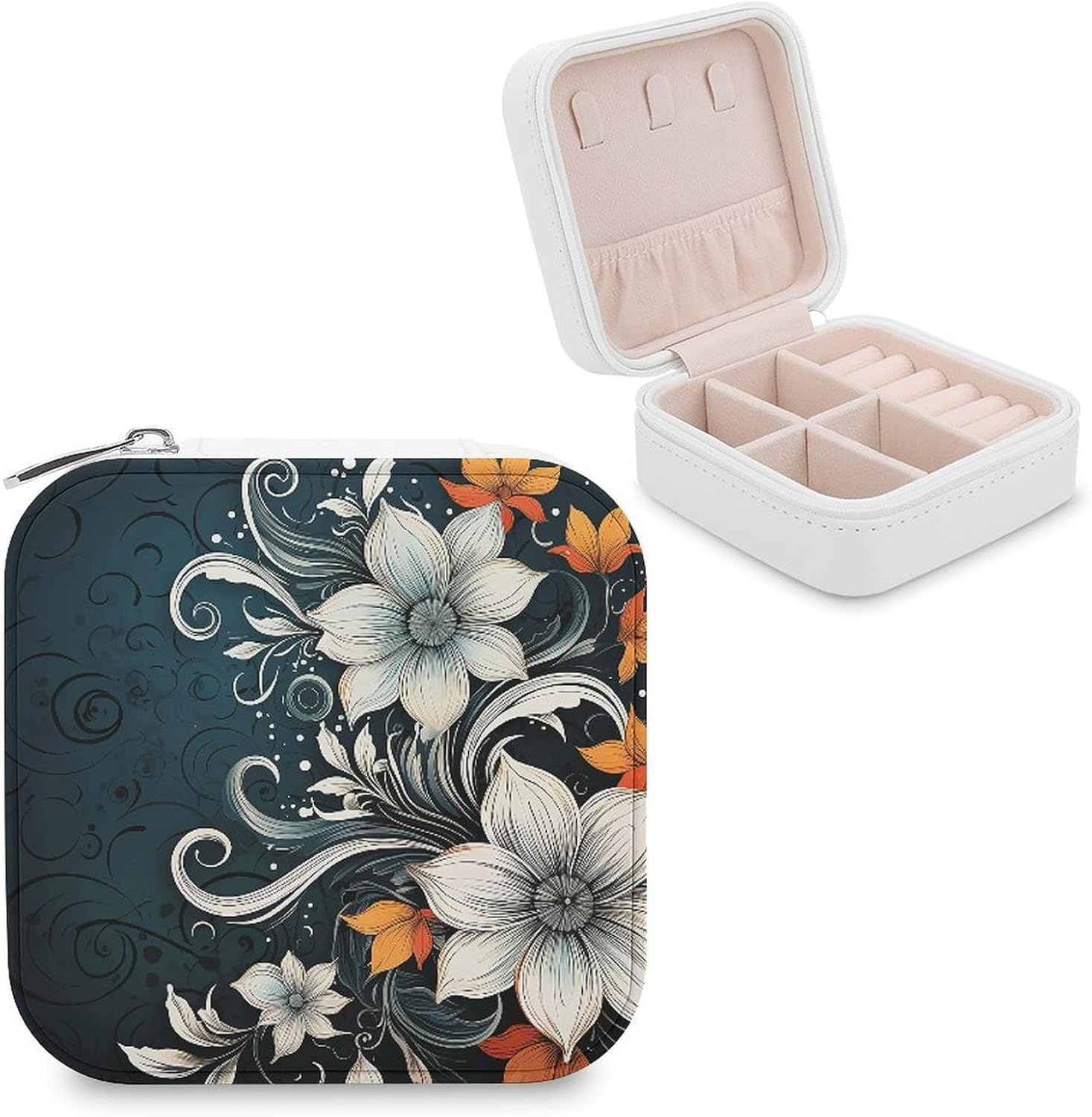 Novelty Boho Abstract Flowers Jewelry Case Personalized Leather Jewelry Box Mini Travel Jewelry Case Small Portable Jewelry Organizer for Ring Earrings Necklace Bracelet