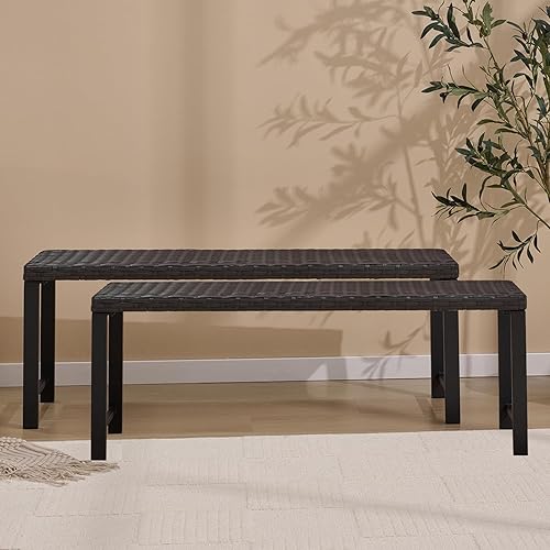 Juego de 2 bancos de ratán para exteriores de 46 pulgadas, banco de jardín para todo tipo de clima, para patio trasero, porche o césped, banco de