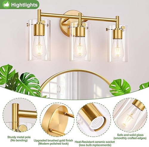 Miniatura 2 de Lámparas de baño, 3 luces doradas cepilladas, luces de baño doradas sobre espejo con pantalla de vidrio transparente, apliques de pared de baño para