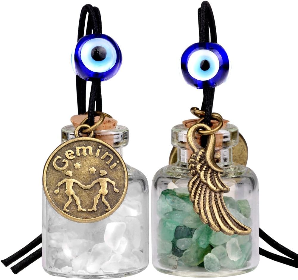 Zodiac Birthstone Car Charms for Rearview Mirror Hanging - Two Gemstone Good Luck Bottles with Evil Eye Protection Bead and Guardian Angel Wing image 2