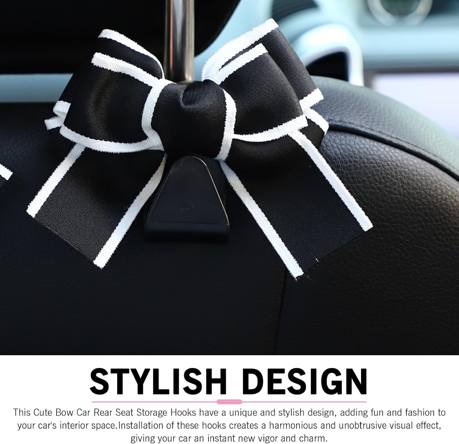 2 PCS Car Purse Hooks, PVC Multi-Functional Sturdy Vehicle Seatback Storage Hooks, Adorable Bow-Shaped Hanger Decorative Accessories, Universal for Most Cars, Trucks, SUVs (Black) image 5