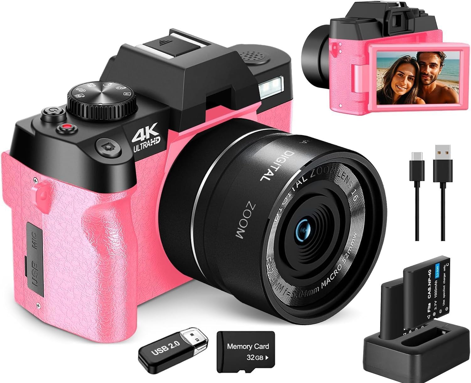 4k Digital Cameras for Photography, Video/Vlogging Camera for YouTube with WiFi & App Control, Travel Camera with 32GB TF Card & 2 Batteries,Compact Camera,Great Gift Choice, Pink