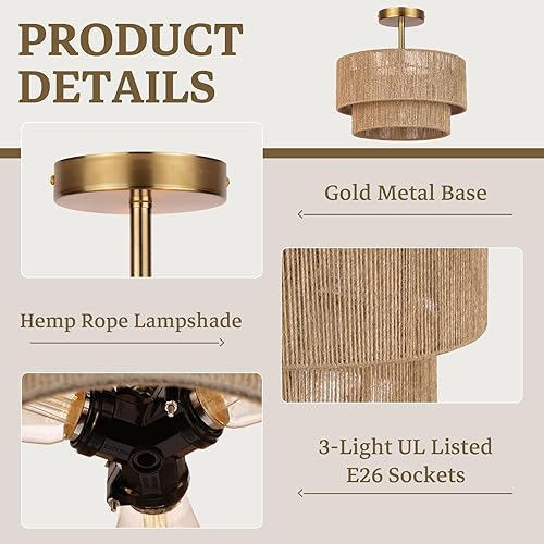 Miniatura 3 de Lámpara bohemia de 3 luces, montaje en techo, de ratán de 12.6 pulgadas, lámpara de techo semiempotrada, cuerda de cáñamo costero con pantalla de 2