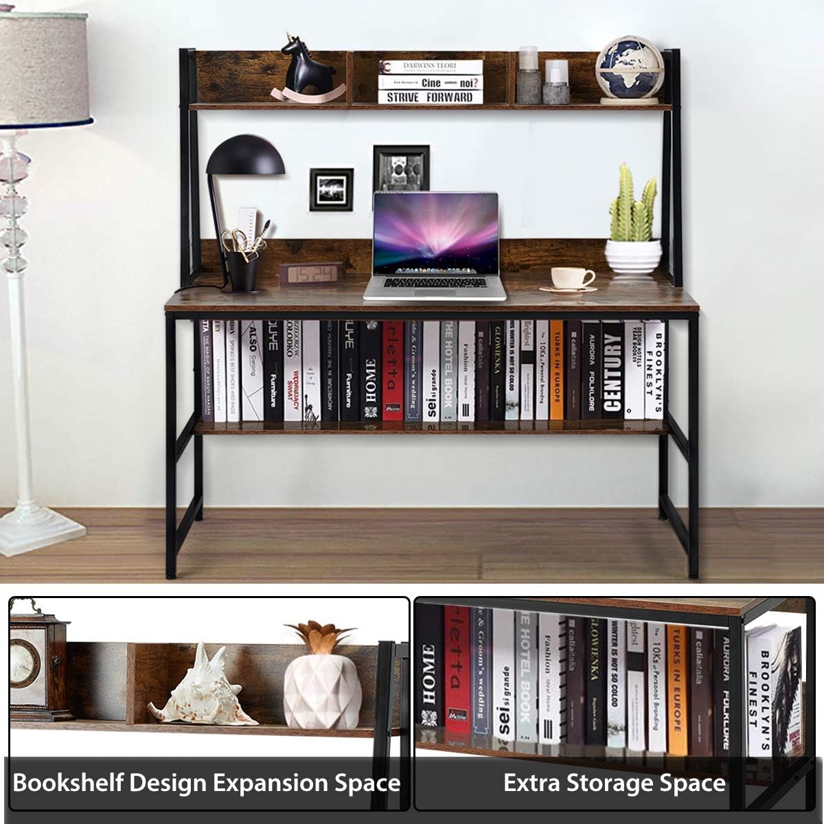 MELLCOM Industrial Computer Writing Desk, Large Writing Desk for Home Office, Computer Desk with 2 Adjustable Storage Shelves on Left or Right Side and 2 Headset Hooks (55 Inch, Rustic Brown)