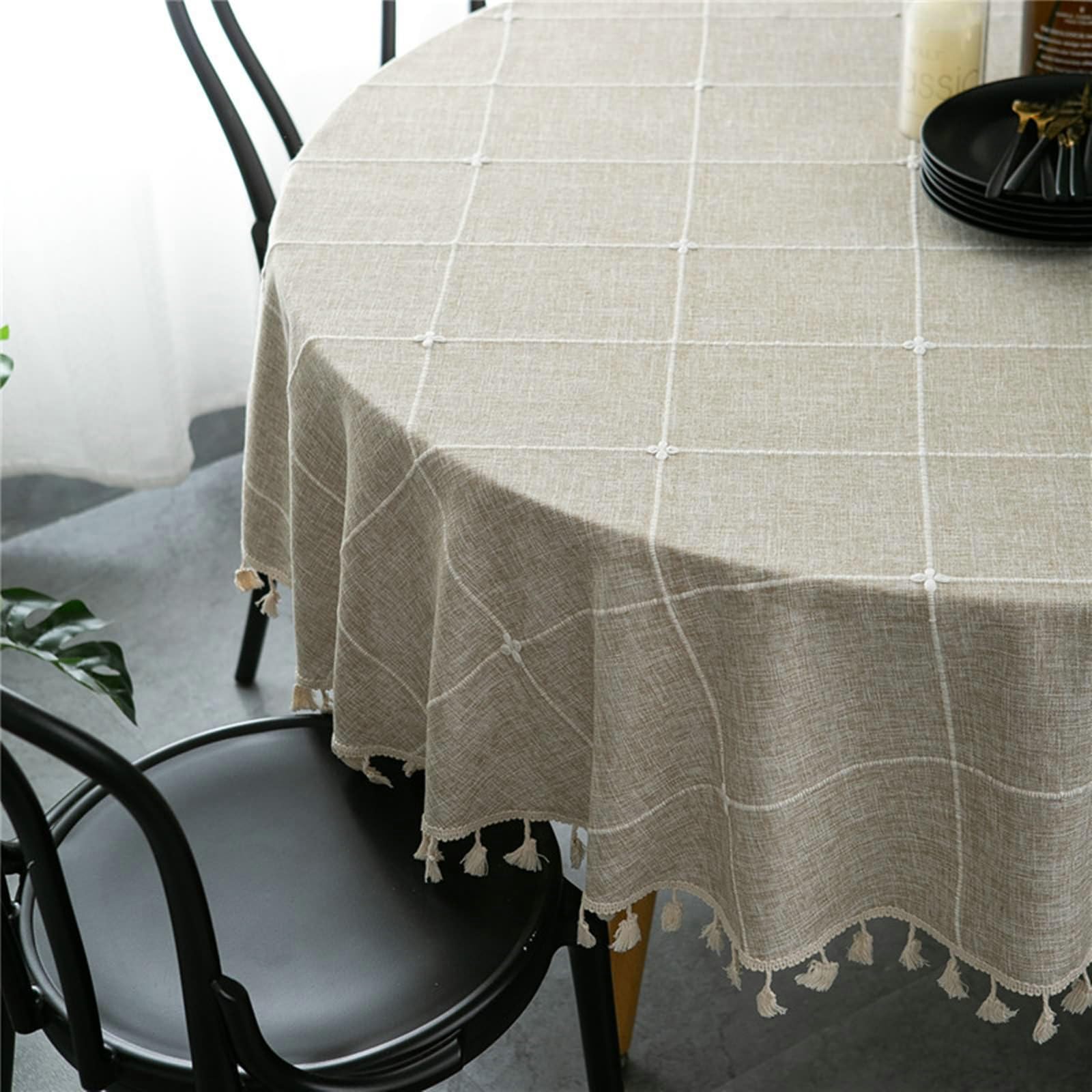 Gualiy Mantel Redondo Restaurante, Poliéster Algodón Manteles de Mesa Round 180CM Mantel de Cocina Antimanchas Jacquard de Cuadros con Borlas Mantel para Mesa de Cocina, Café Claro