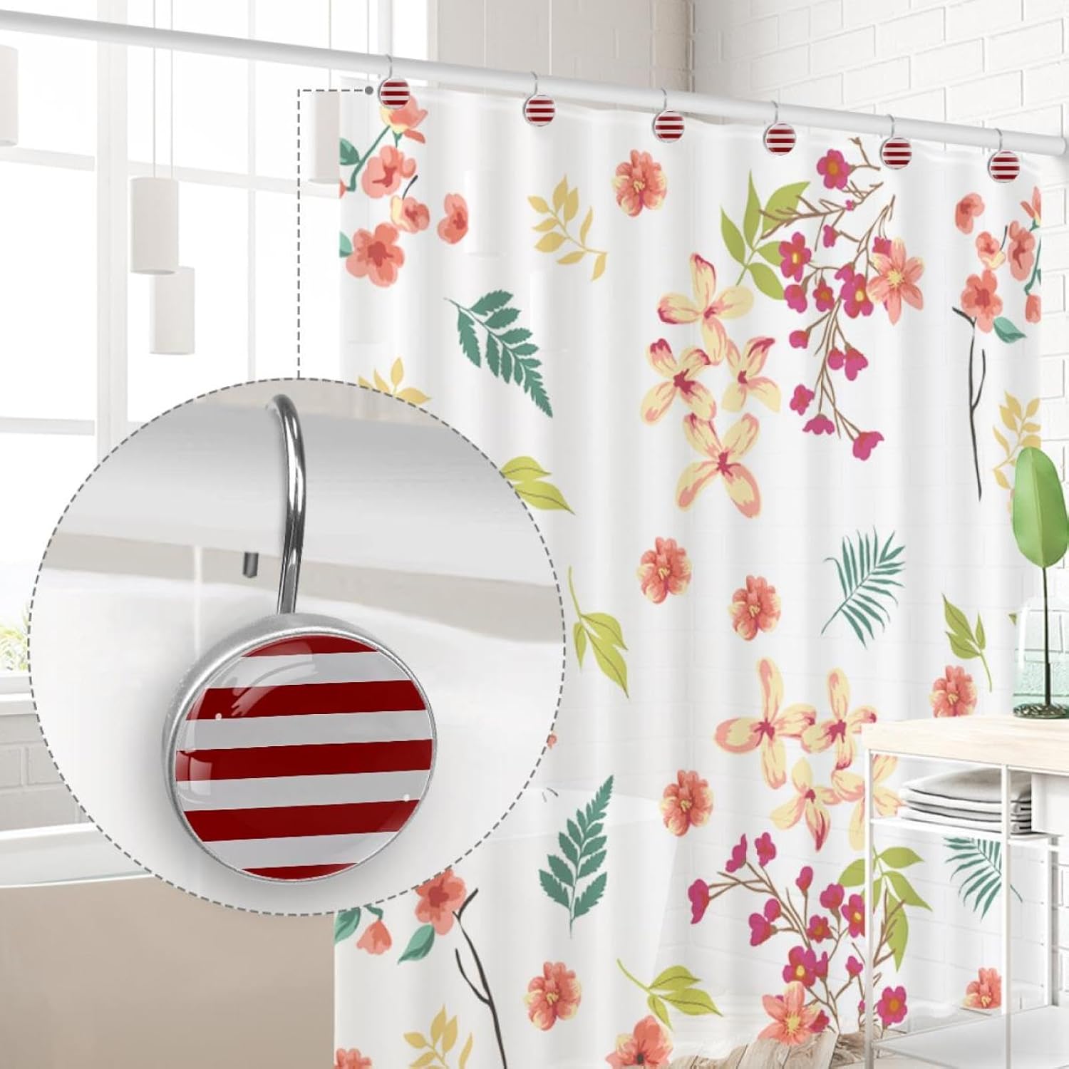 Christmas Valentine's Day Decoration Red and White Stripes Decorative Shower Curtain Hooks Rings Set of 12 Hooks for Shower Curtain Rustproof Curtain Rings for Bathroom