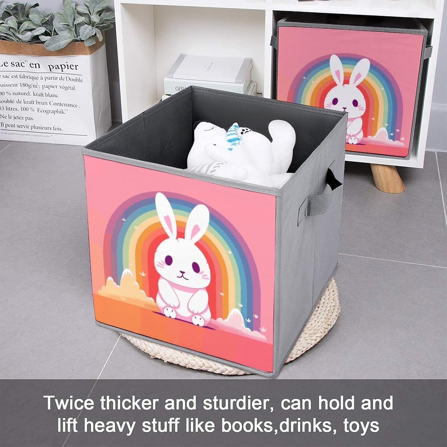 Rabbit And Rainbow Storage Cubes Set of 6 Storage Bins with Handles Collapsible Storage Basket Fabric Storage Box for Shelves Large Closet Shelf Organizer for Organization 11 Inch