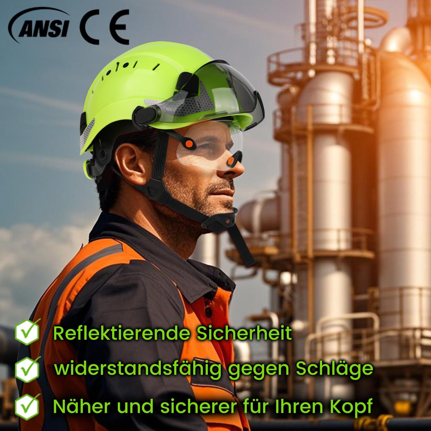 GREEN DEVIL Mervex Vent Set - EN397 & EN166 zertifizierter Industrieschutzhelm mit Doppelvisier (außen getönt/innen klar) + Shield LD Aktives Bluetooth Gehörschutz SNR 32dB