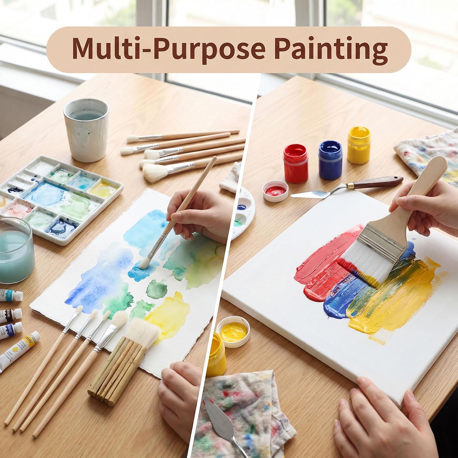 12 PCS Ceramic Painting Brush, Natural Goat Hair Glaze Brushes with Cleaning Sponge, Multi-Purpose Craft Brushes for Pottery Glazing, Watercolor & Acrylic Painting