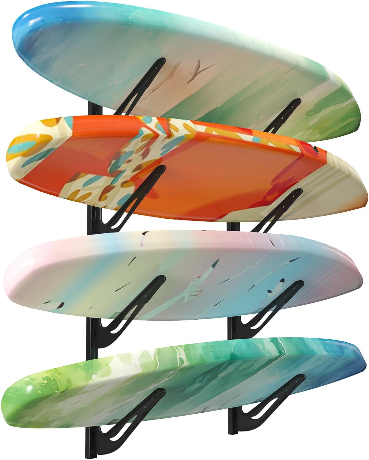 Surfboard Wall Mount - Wakeboard Storage Rack - Adjustable Wall Mount 4 Level Boards Display, Heavy Duty Water Sports Gear Hanger for Surfboard, Wakeboard, Snowboard, Holds up to 120 lbs