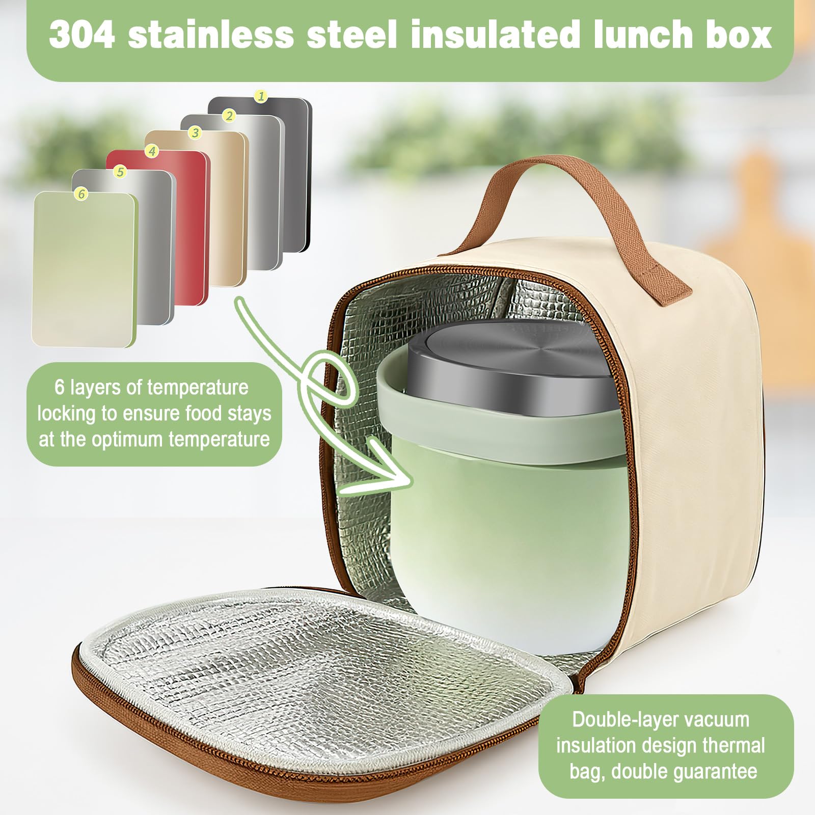 Contenitore termico per alimenti 1200 ml, scaldavivande in acciaio inossidabile 304, contenitore termico per alimenti, thermos resistente agli schizzi con coperchio, cucchiaio e sacchetto