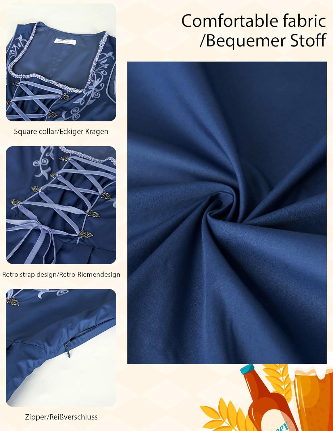 JASAMBAC Women's German Dirndl Dress Costumes 3 Pieces for Oktoberfest Carnival - Image 3