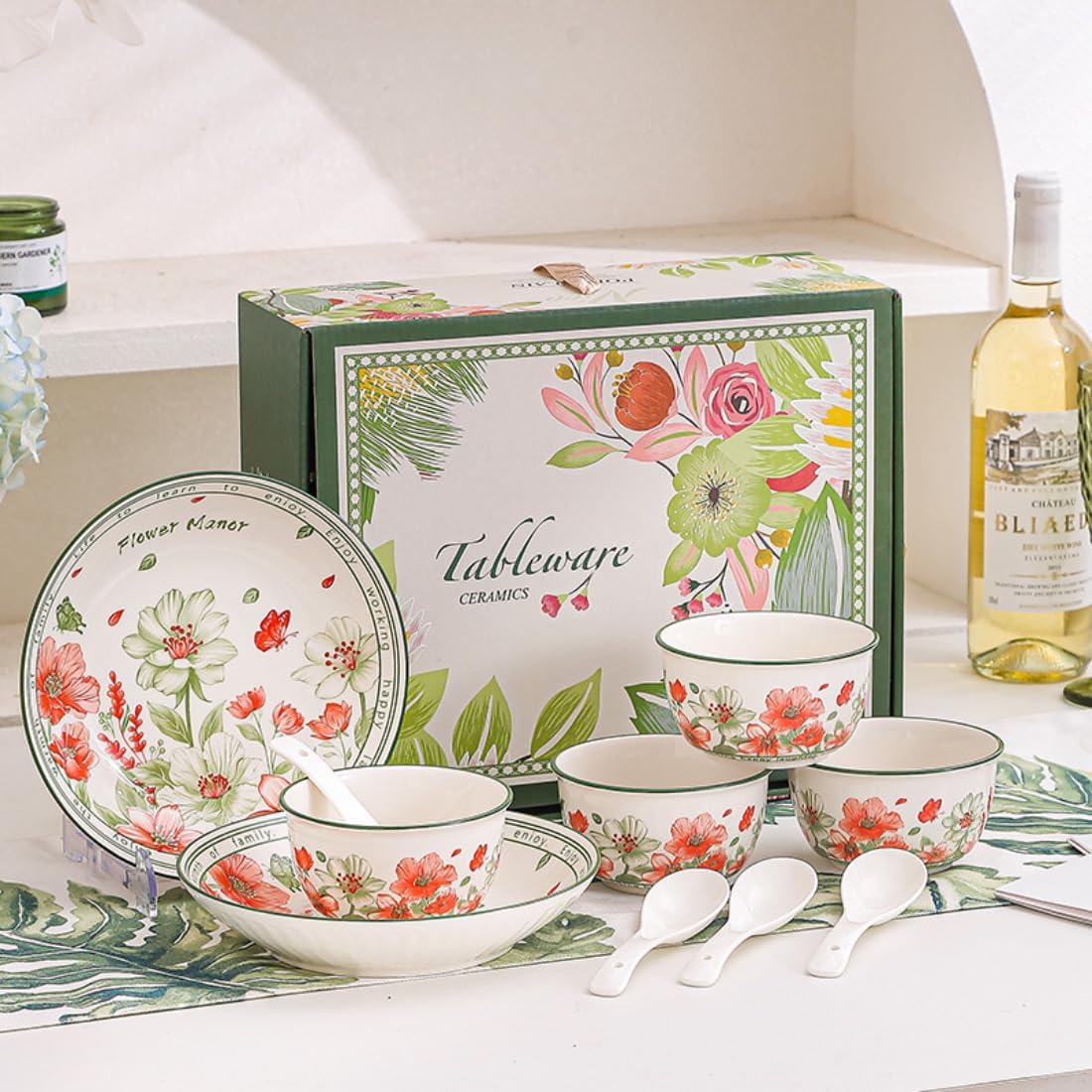 Premium Ceramic Dinnerware Set, Elegant Blossoms Floral | Hand-Painted Design, Microwave Safe, Stain Resistant, Perfect for Wedding Housewarming Corporate Gifts