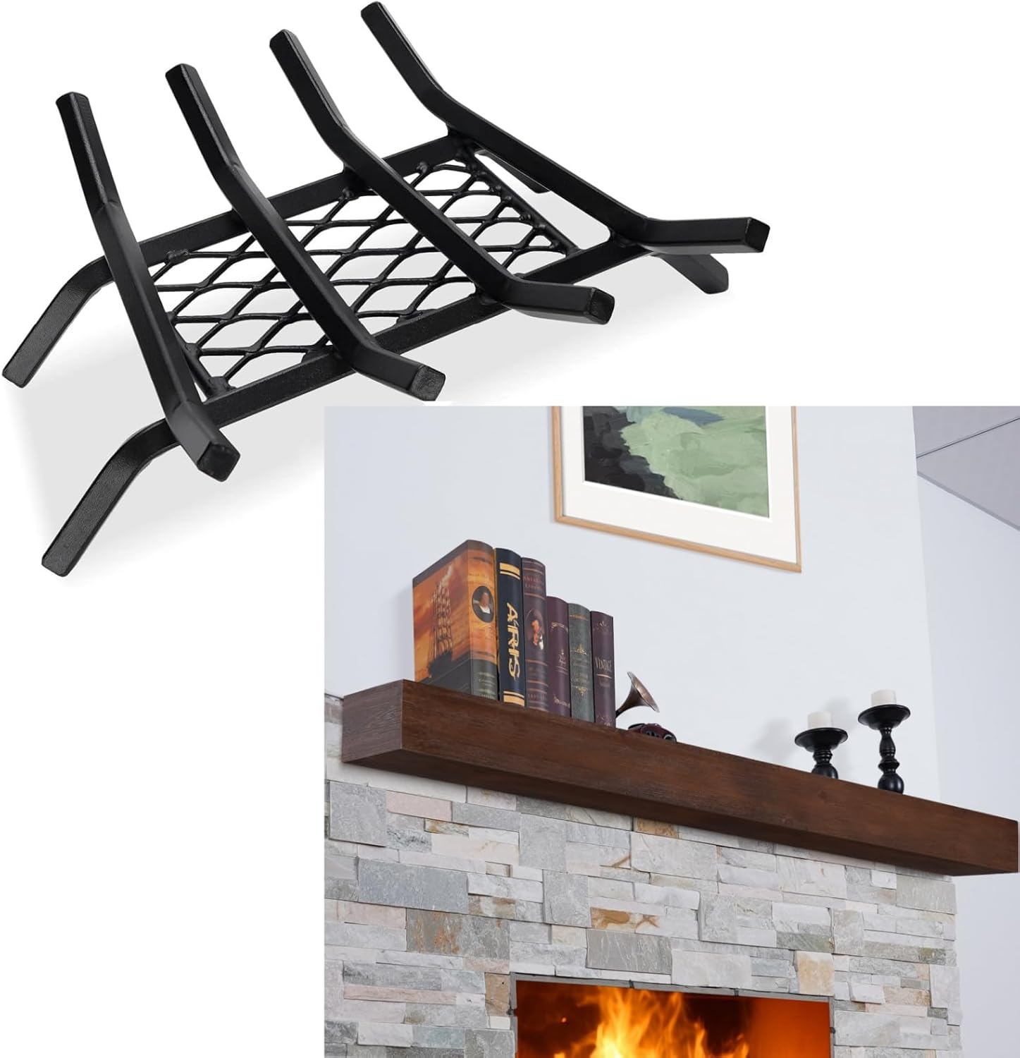 Fireplace Grate with Ember Retainer, 15.5" Heavy Duty Cast Iron Indoor for Outdoor, Fire Pits, Camping | Fireplace Mantel 72 inch - Solid Wood Mantel Shelf Handcrafted Rustic（DarkWalnut）