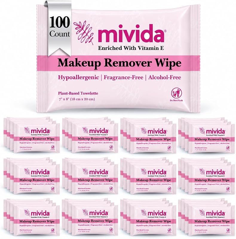 Lenços removedores de maquiagem mivida com vitamina E, embalagem individual, 100 unidades