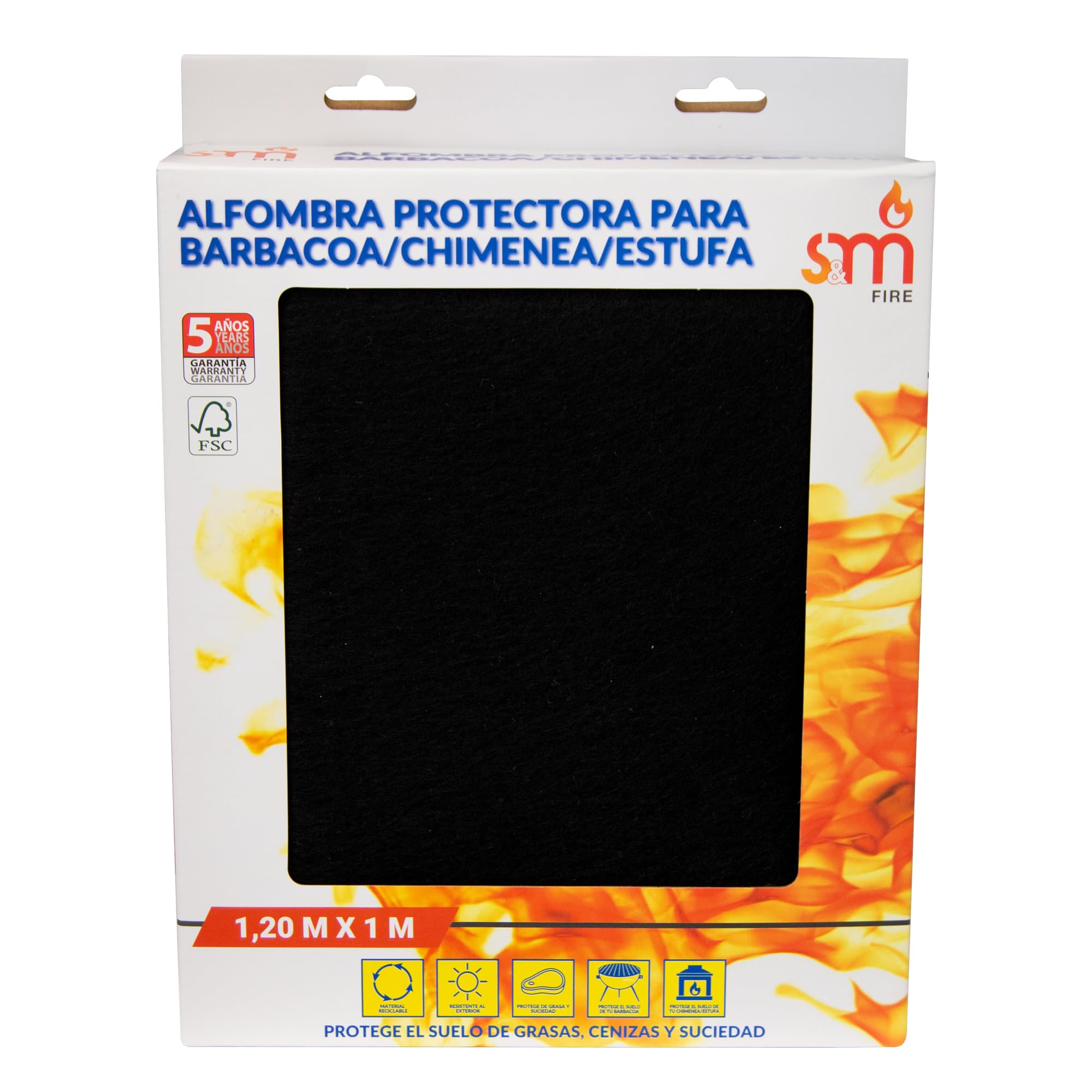 S&M 650017 – Alfombra negra protectora para barbacoa, chimenea y estufa 1,2 m x 1 m | Protege el suelo de grasa, ceniza y suciedad | Resistente y apta para el exterior | 5 años de garantía