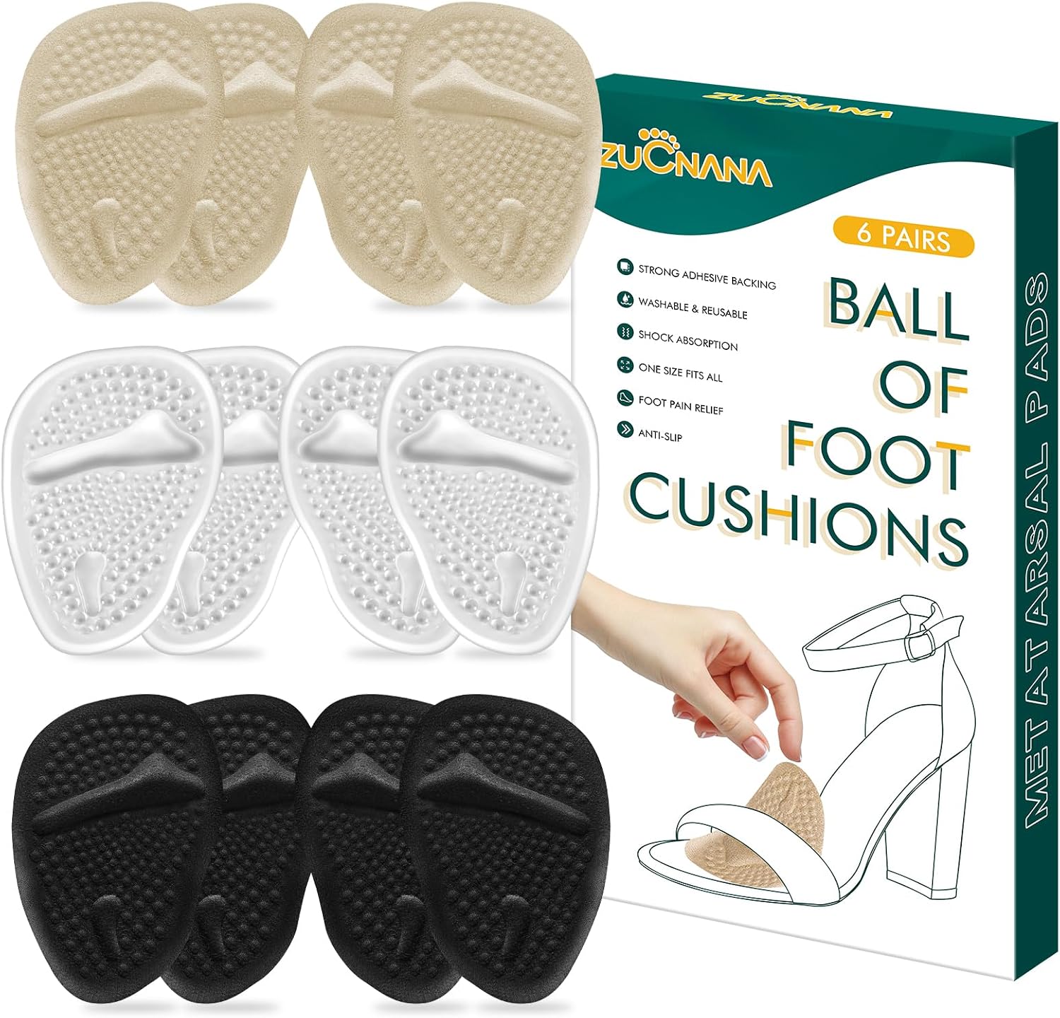 ZUCNANA Metatarsal Pads Ball of Foot Cushions (6 Pairs), Non-Slip High Heel Cushion Inserts Women, One Size Fits All Shoe Inserts for Women and Men, Reusable Foot Pads All Day Pain Relief and Comfort