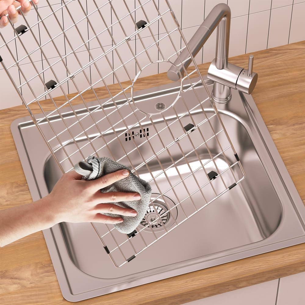 Stainless Steel Sink Grid Protectors, Removable Metal Sink Rack Bottom of Kitchen, 27.5" x 14.6" with Rear Drain for Single Sink Bowl