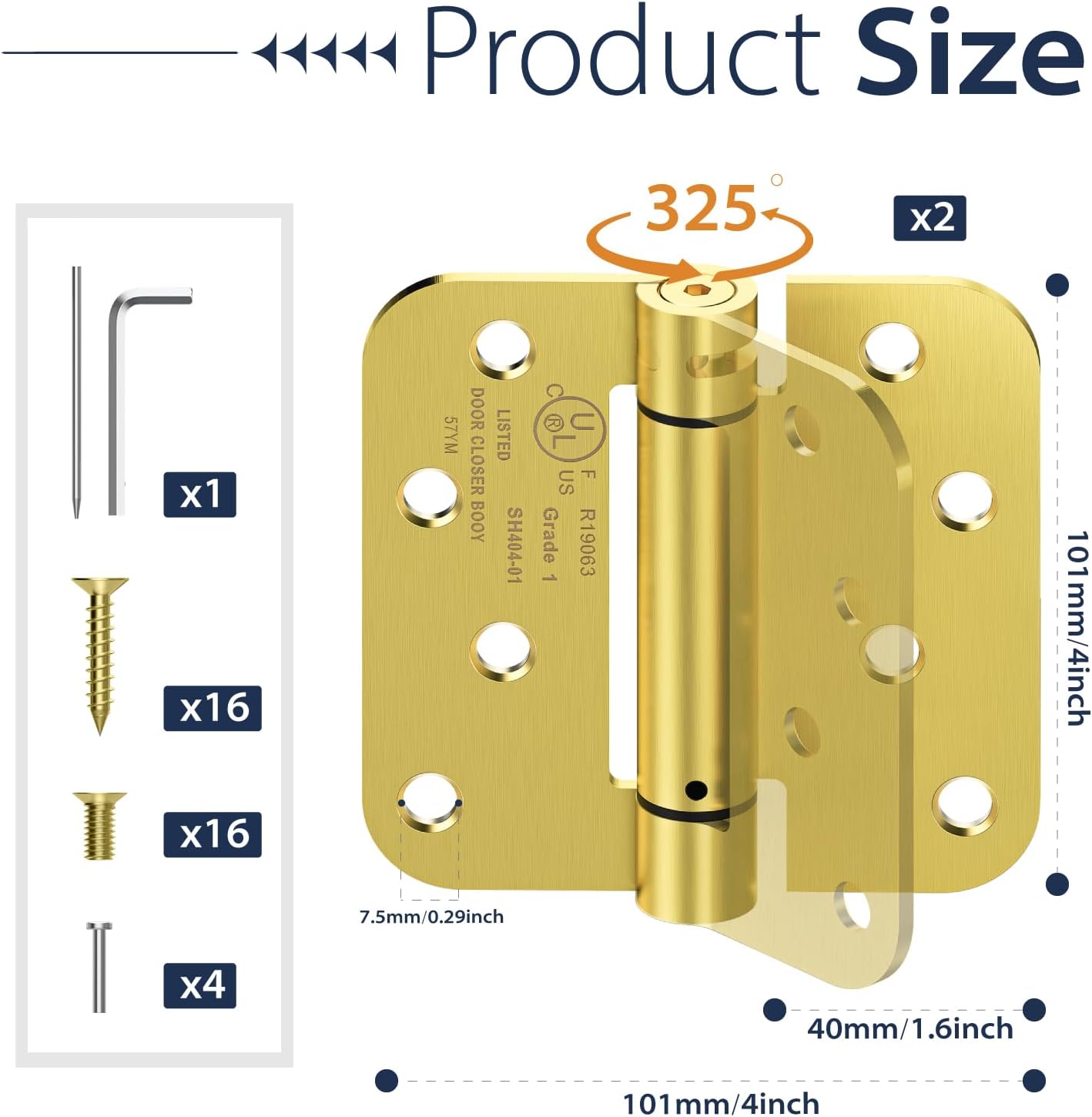 2-Pack Self Closing Door Hinges, 4 Inch Spring Loaded Door Hinges, Adjustable Tension for Exterior,Garage, Front Back Door,Left Right Hand Door, 5/8'' Radius Corners,UL Listed,Gold