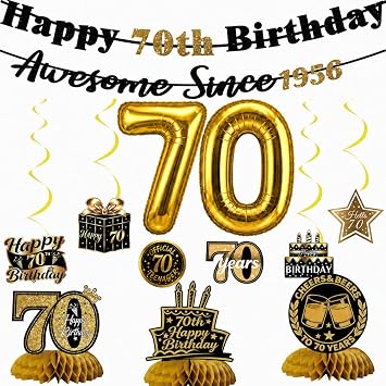 70th Birthday Decorations For Men Women, Pre-Strung Black Gold Happy 70th Birthday & Awesome Since 1956 Banner, Honeycomb Centerpieces, Hanging Swirls and 70 Balloons for 70 Years Old Birthday Decor