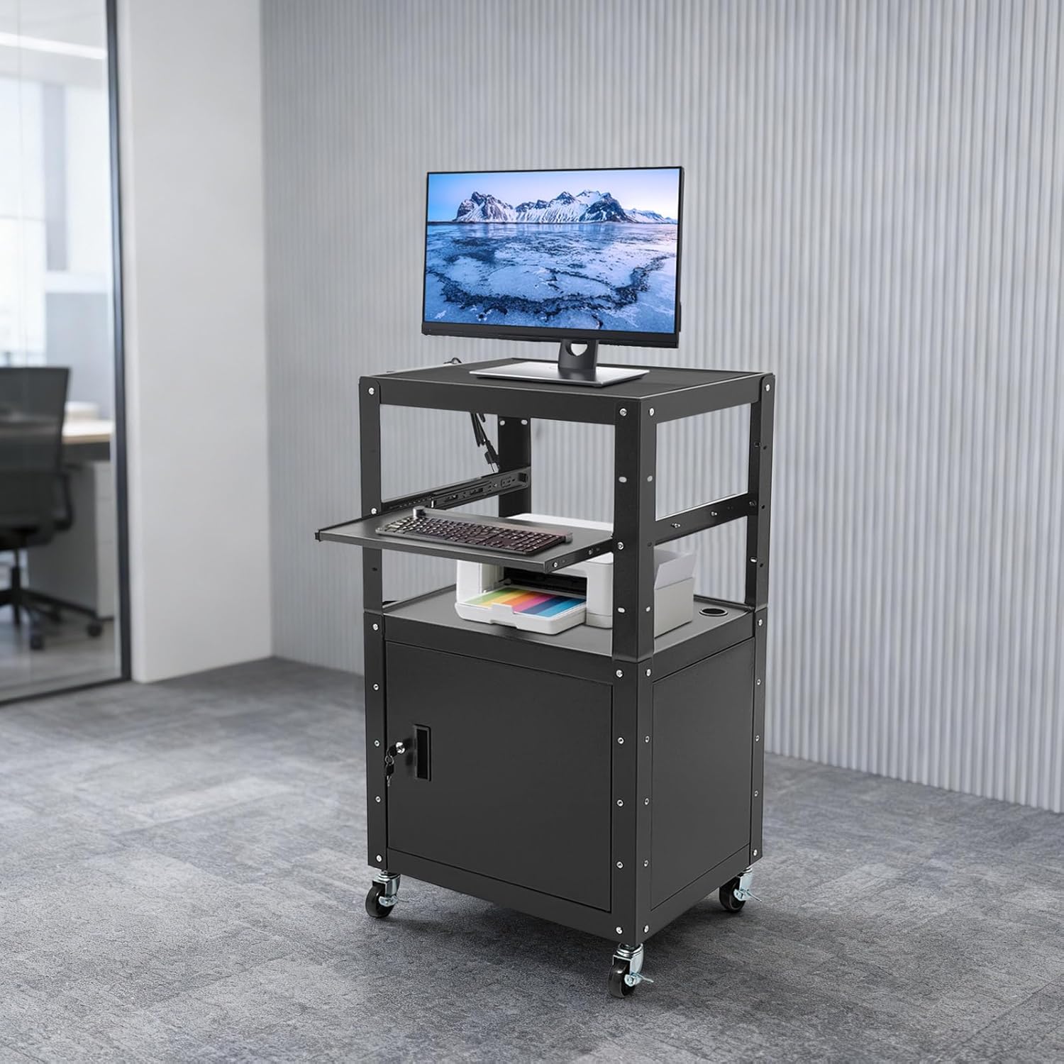 Projector Cart AV Cart with Power Strip, Rolling Media Cart with Wheel, Pullout Tray, Storage Cabinet, 31.5" to 43" Height Adjustable Heavy Duty Computer Workstation for Laptop Projector Printer Black