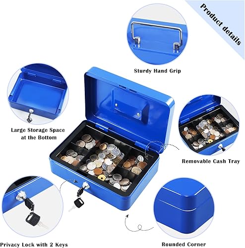 Miniatura 4 de xydled caja grande de acero con seguro con bandeja extraíble para monedas y cerradura de llave, 25 x 20 x 9 cm, azul