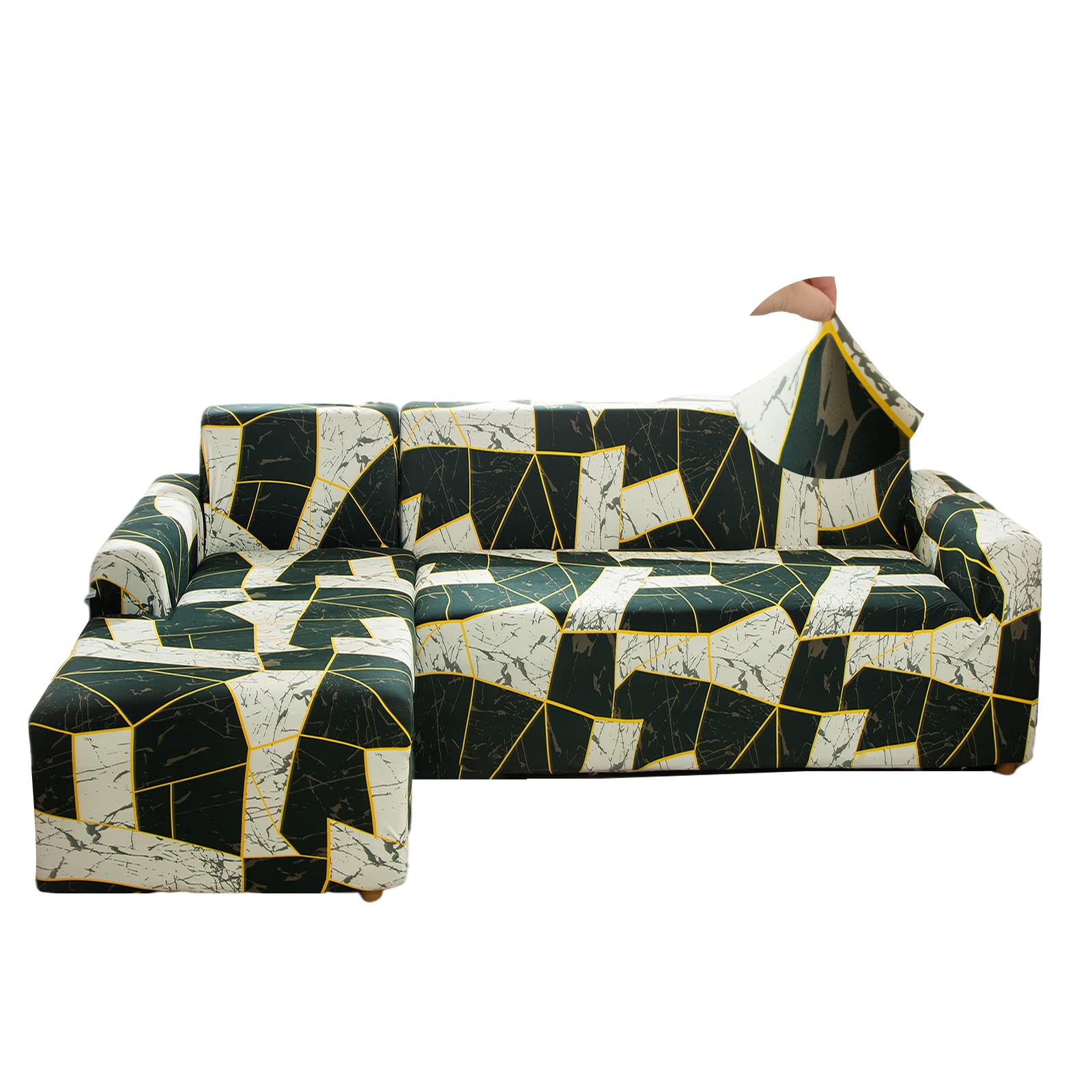 L Shape Sofa Cover Stretch Spandex Couch Covers 2 Piece Washable Furniture Protector for Pets Right/Left Side Chaise Lounge Sofa Corner Slipcovers (1 + 4 Seater Black Marble)