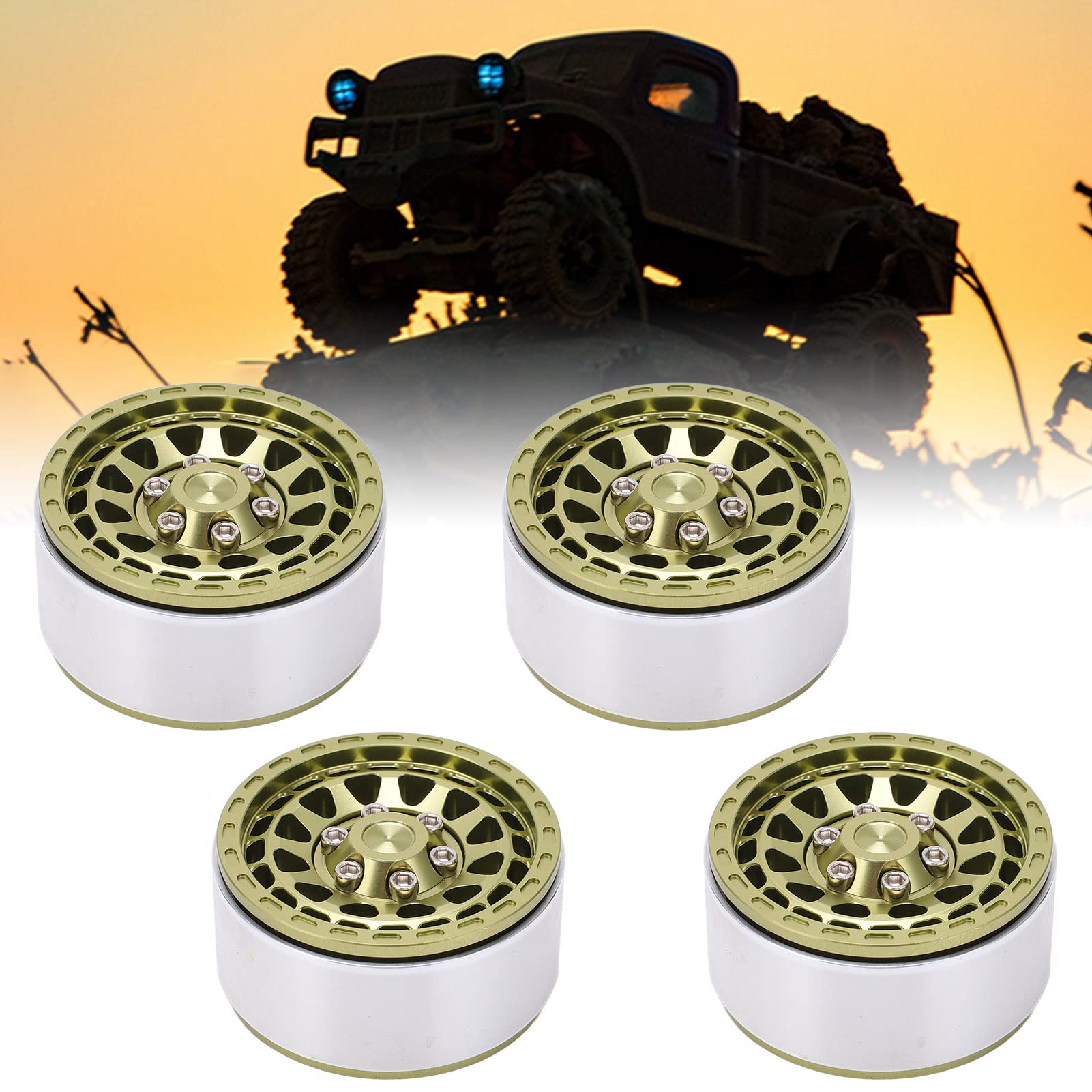 Piasta Koła Samochodowego RC, 4 Szt. Beadlock RC Piasta Koła Samochodowego Zestaw 1.9in Felga Ze Stopu Aluminium Do 1/10 1/12 1/14 Samochody Zdalnie Sterowane(Jasnozielony)
