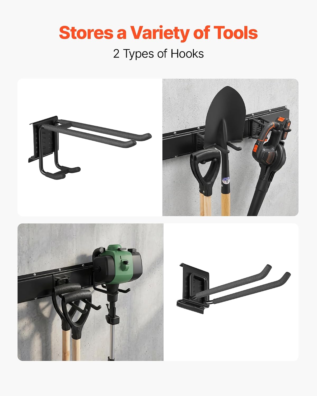 VEVOR Garage Tool Organizer 33 Inch 400 lbs Wall Mount Garden Tool Rack, Heavy Duty Garage Hanging Storage Rack Organization with 2 Rails and 5 Adjustable Hooks, for Yard Tools, Shovel, Rake, Shed