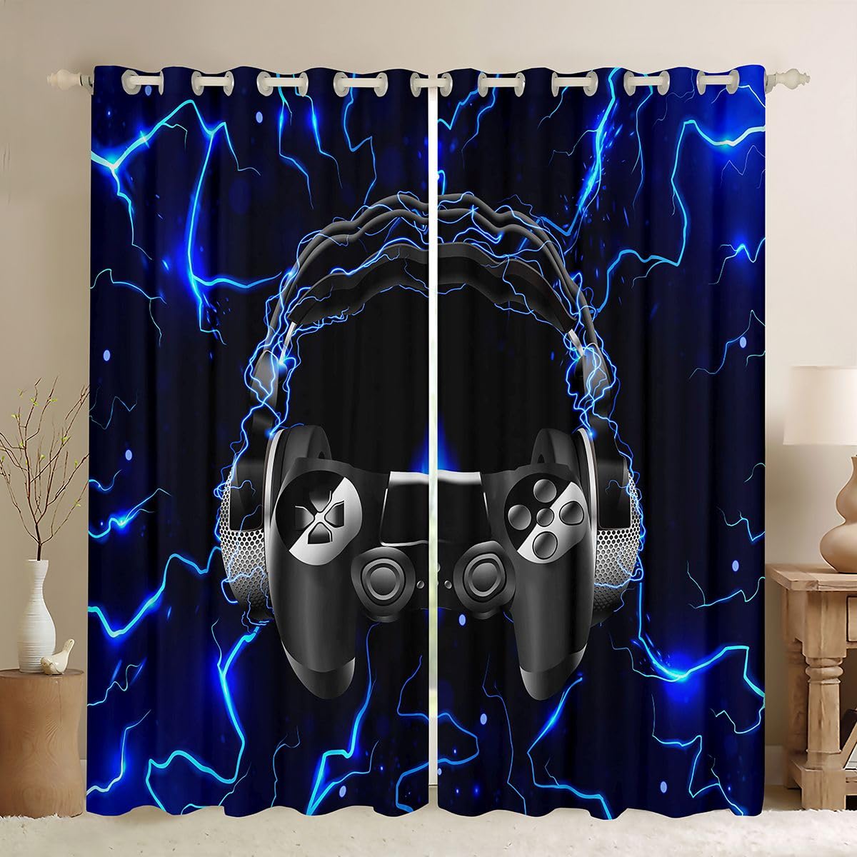Feelyou Gaming Curtain Kids Lightnings Gamepad Gamer Curatins for Boys Bedroom Teens Video Games Gamepad Theme Window Curtain Game Controller Headset