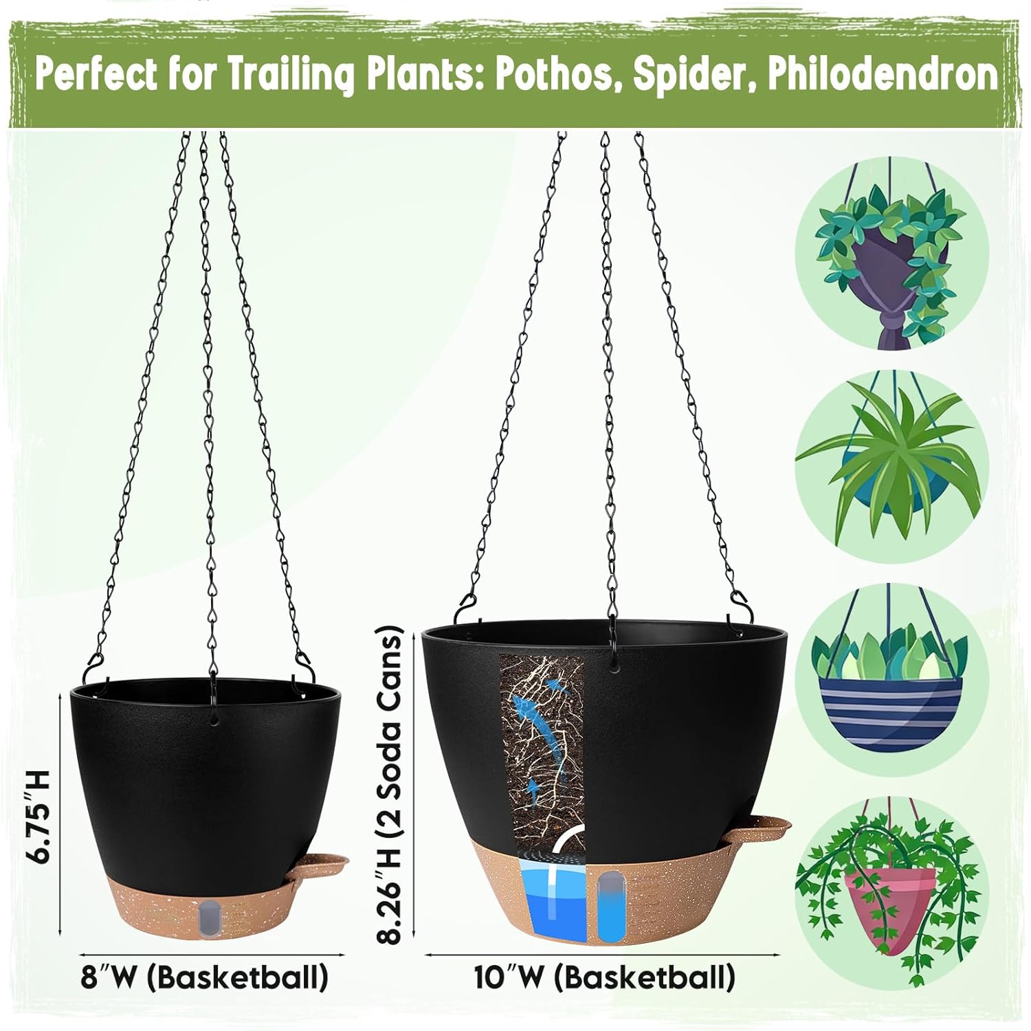 Self-Watering Hanging Planters with Water Level Window, 8/10 Inch Indoor Outdoor Hanging Plant Pots Includes Chain Hangers with Drainage Holes & Detachable Reservoir (Black, 8+10 inch)