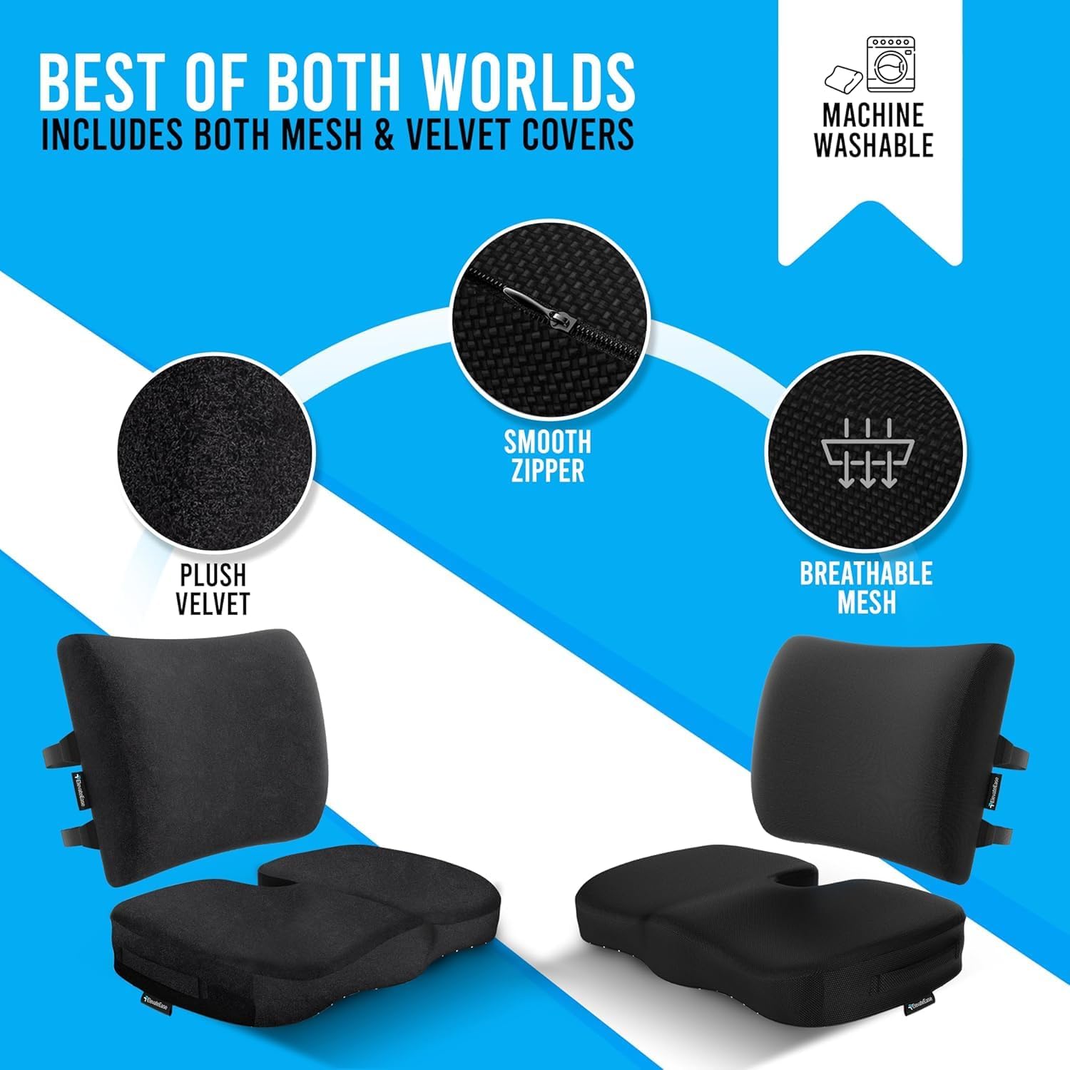 Orthopedic Seat Cushion and Lumbar Support Pillow for Office Chair & Car, Memory Foam with Washable Cover Ergonomic Desk Chair Cushion for Tailbone, Lower Back Pain, Sciatica Relief