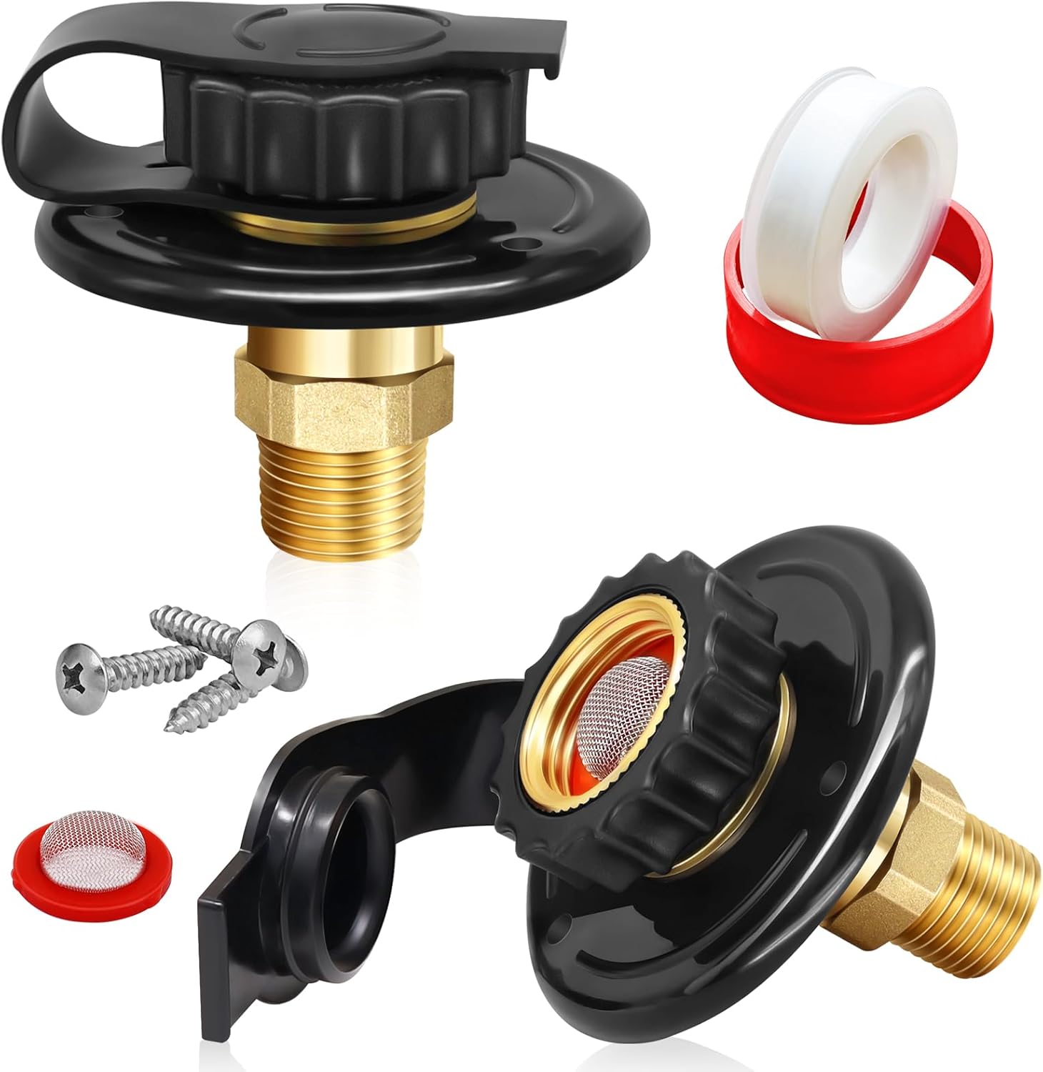 2Pcs RV Water Inlet Replacement, RV City Water Inlet with Check Valve, 3/4 NH Female to 1/2 NPT Male Lead-free Brass RV Fresh Water Fill Inlet Flange Connection Kit