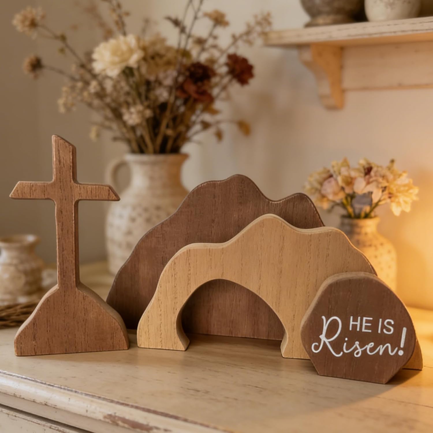 Empty Tomb Easter Scene Decorations - Wooden Resurrection Scene Cross Jesus Tomb Tray Set - Religious Christian Jesus Nativity Decor for Home Table Office