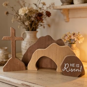 Empty Tomb Easter Scene Cross Decorations - Wooden Resurrection Scene Christian Jesus Nativity Decor Set for Religious Home Table Office