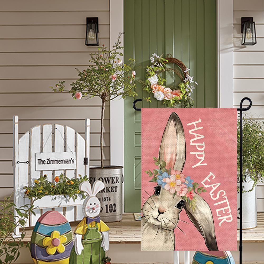 RABUSOFA Happy Easter Bunny Garden Flag 12x18 Inch Double Sided Outside, Rabbit Flower Yard Outdoor Decoration Pink - Image 2