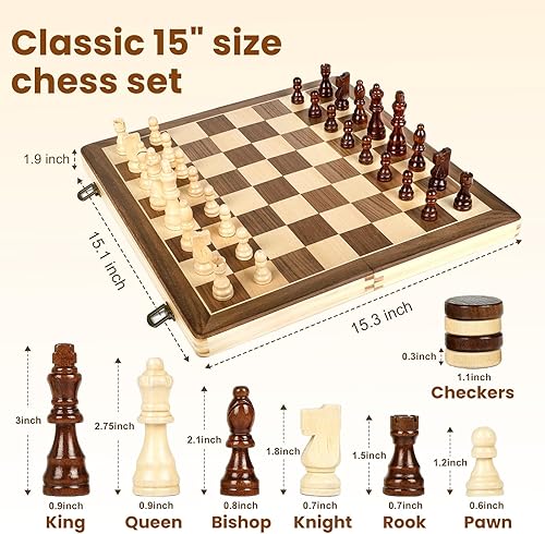 Miniatura 3 de LEAP Juego de ajedrez magnético de madera de 15.5 pulgadas, tablero de ajedrez plegable de 3 pulgadas, piezas de ajedrez de altura King de 3