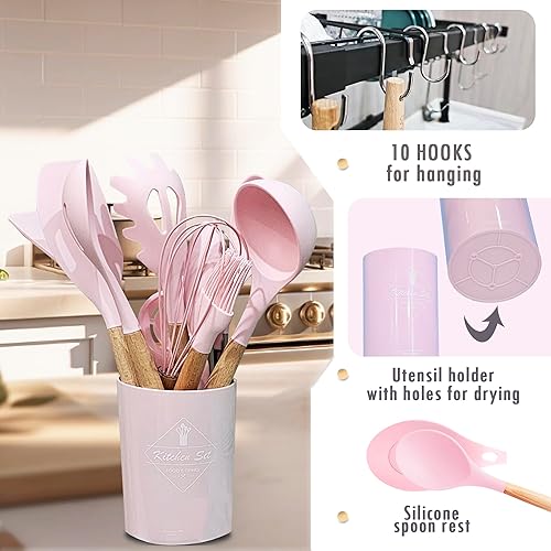 Miniatura 4 de Juego de utensilios de cocina, 32 espátulas antiadherentes de silicona con soporte, mango de madera resistente al calor, accesorios de cocina de
