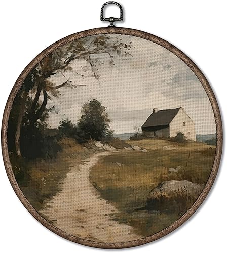 Giosve Póster enmarcado en lienzo redondo de la naturaleza de granja vintage, paisaje rústico de la naturaleza, esculturas de pared para decoración