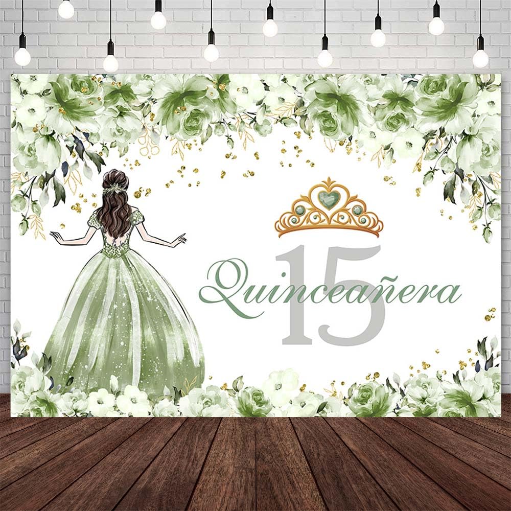 AIBIIN 8x6ft Quinceanera 15th Birthday Backdrop for Girls Sage Green Dress Crown Princess Photography Background Sage Green Flowers Birthday Party