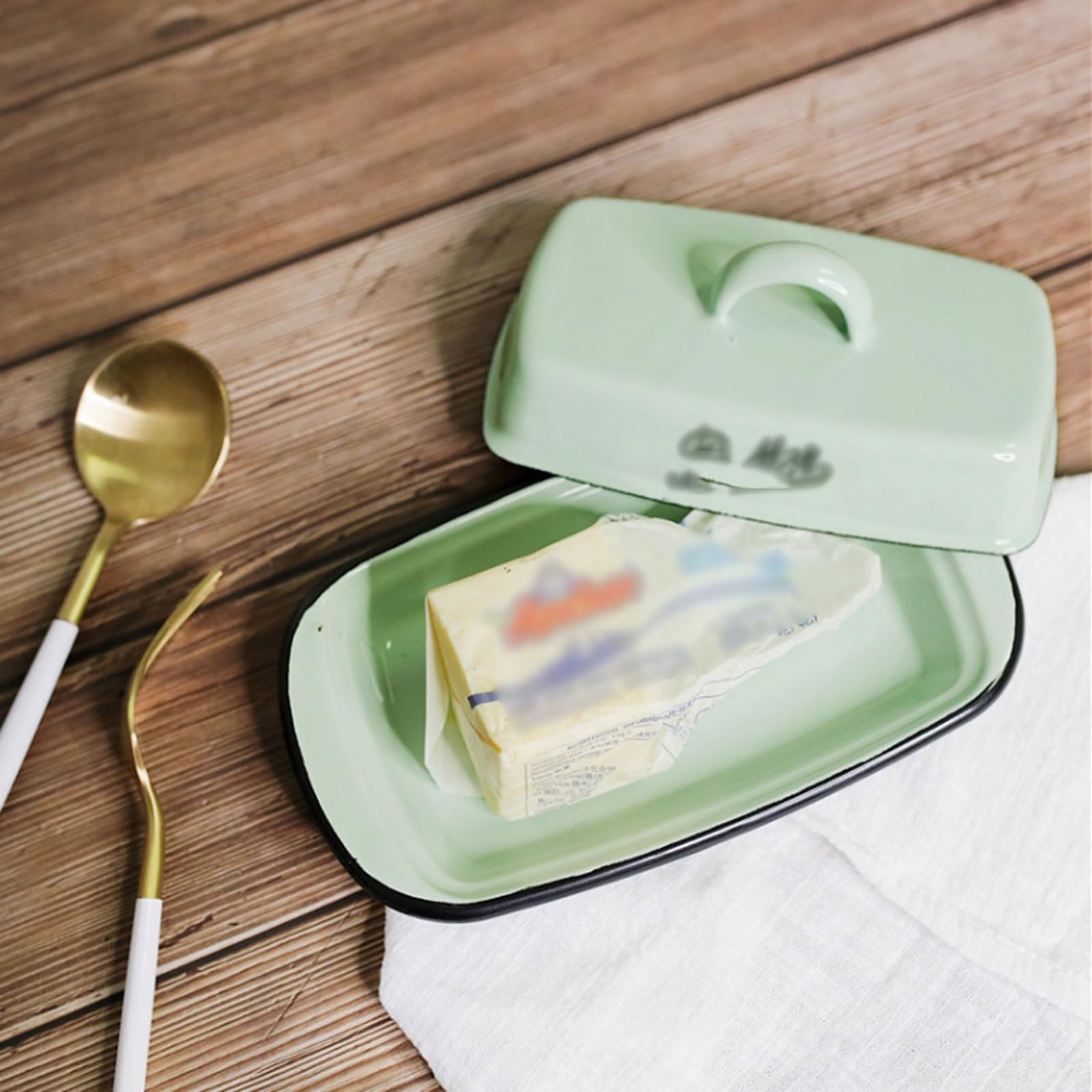 Beurrier vintage en émail avec couvercle – Plateau rétro bleu lac de 19,5 cm – Conservation du beurre et du fromage compatible avec la cuisinière
