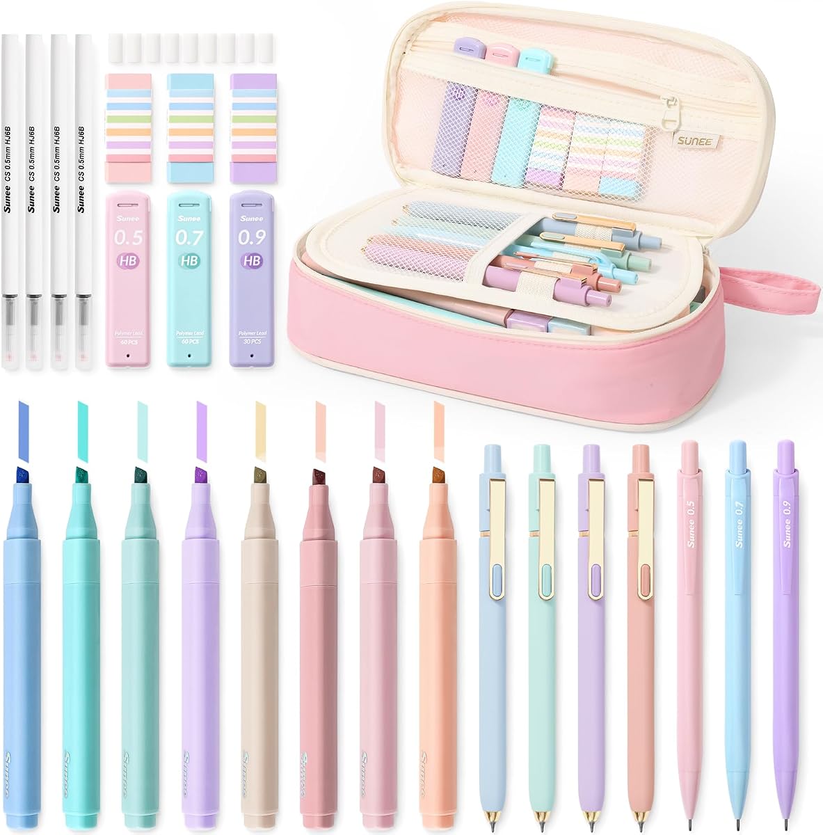 SUNEE Pencil Case with Supplies, 35PCS Aesthetic Stationery Set with Pastel Highlighters, Black Gel Pens, Mechanical Pencils & Refills, Cute School Supplies for Teachers Girls College Pink