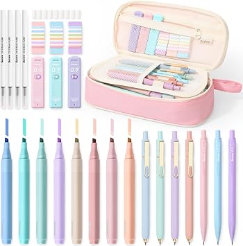 SUNEE Pencil Case with Supplies, 35PCS Aesthetic Stationery Set with Pastel Highlighters, Black Gel Pens, Mechanical Pencils & Refills, Cute School Supplies for Teachers Girls College Pink