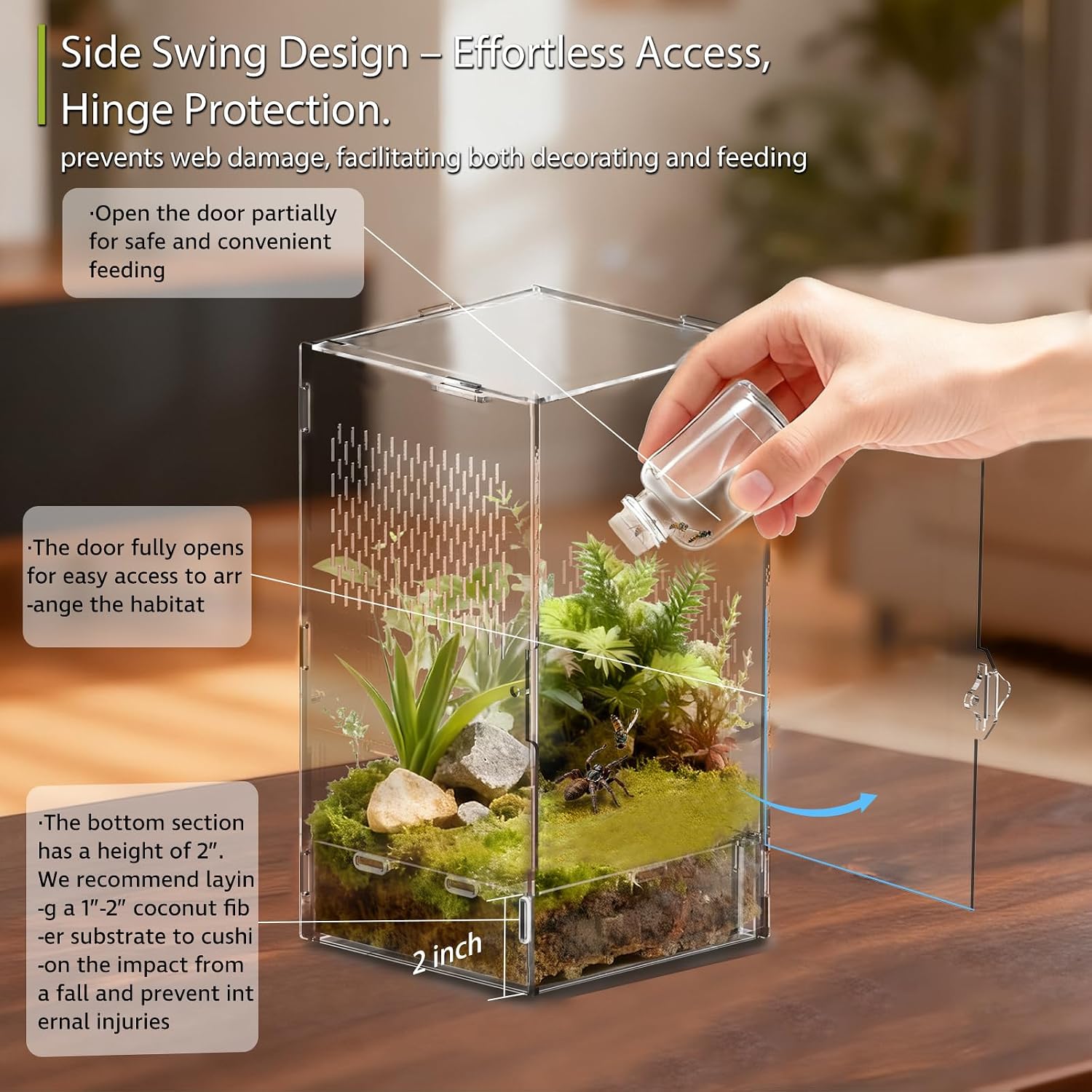 Jumping Spider Enclosure, Acrylic Spider Terrarium with Magnetic Door, Side-Opening, Laser-Cut Biomimetic Ventilation System, Escape-Proof for Feeder Insects (6.5"x6.5"x12")