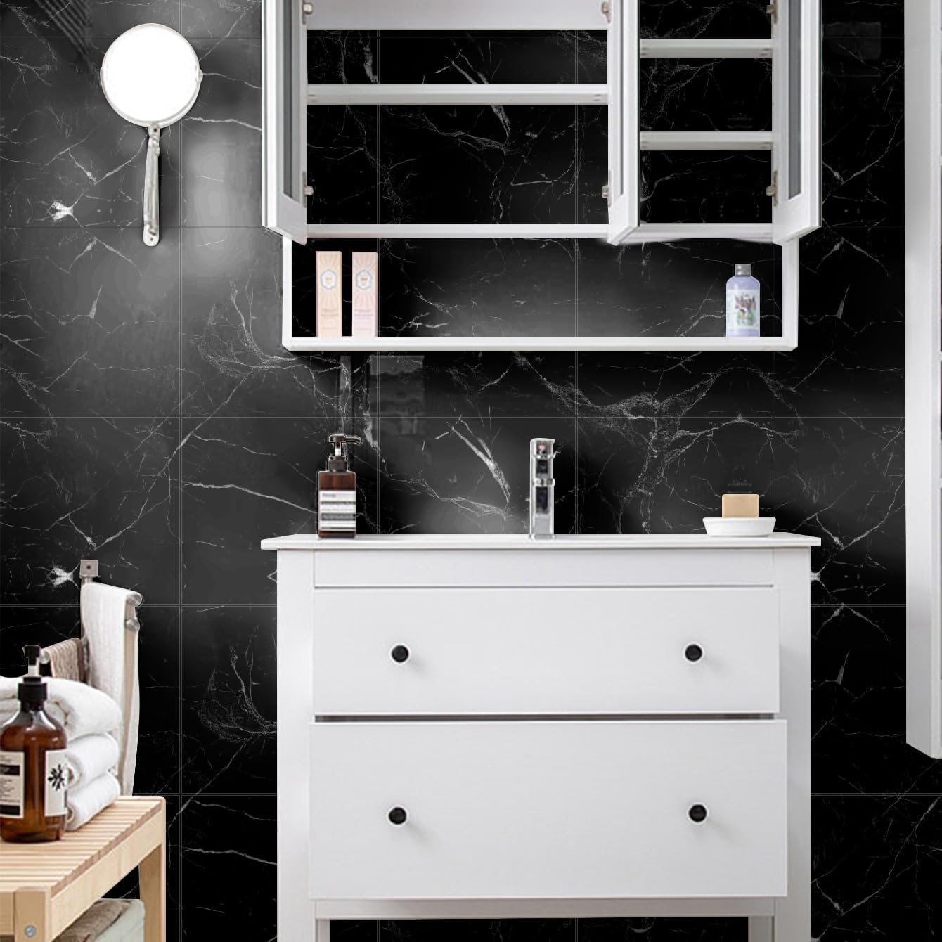 Shower Wall Panels Peel and Stick,Marble Wall Panels for Interior Decor,Backsplash Tile for Kitchen Showers Bathrooms Living Rooms 11.8"x11.8"in 10Pcs,Black (Not Real Tile,9.7 Sq.ft)