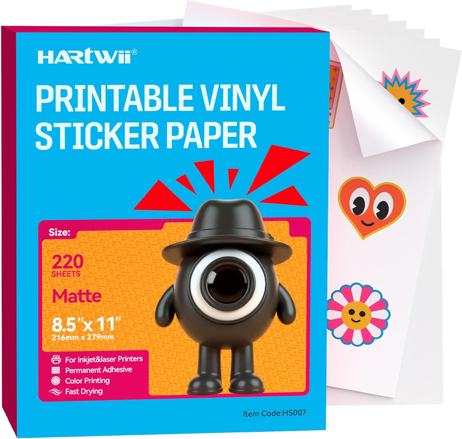220 Sheets Printable Vinyl Sticker Paper,Matte White Waterproof Sticker Paper 8.5x11 Inch,Dries Quickly with Vivid Colors,Tear Resistant for Inkjet & Laser Printer,Compatible with Cricut for DIY