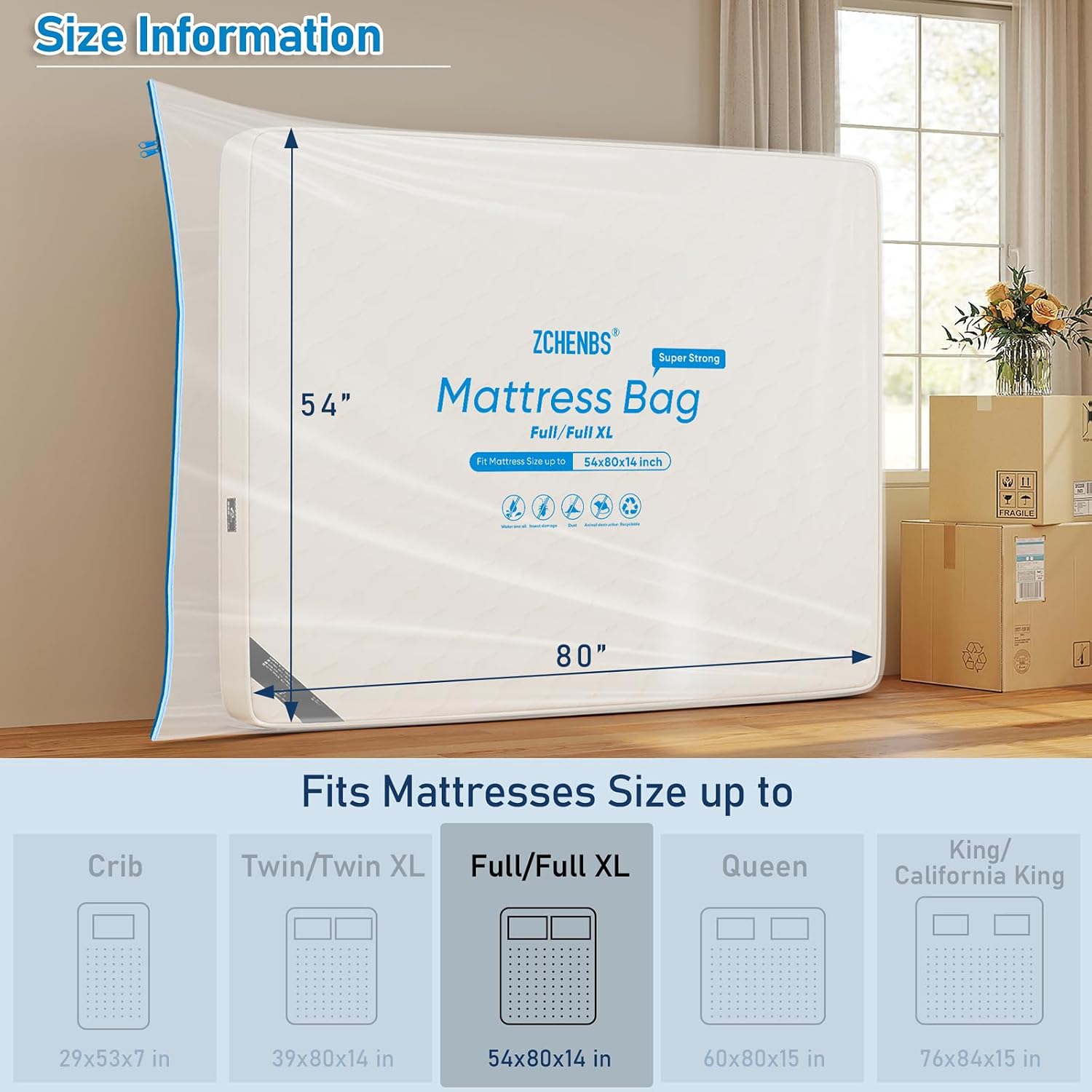 ZCHENBS® - Full/Full XL Mattress Bags for Moving, Waterproof Mattress Storage Bag with Zipper, Heavy-Duty 5 Mil Ultra-Thick Bed Protector Cover for Moving, Reusable (Transparent/Blue, 2 Pack)