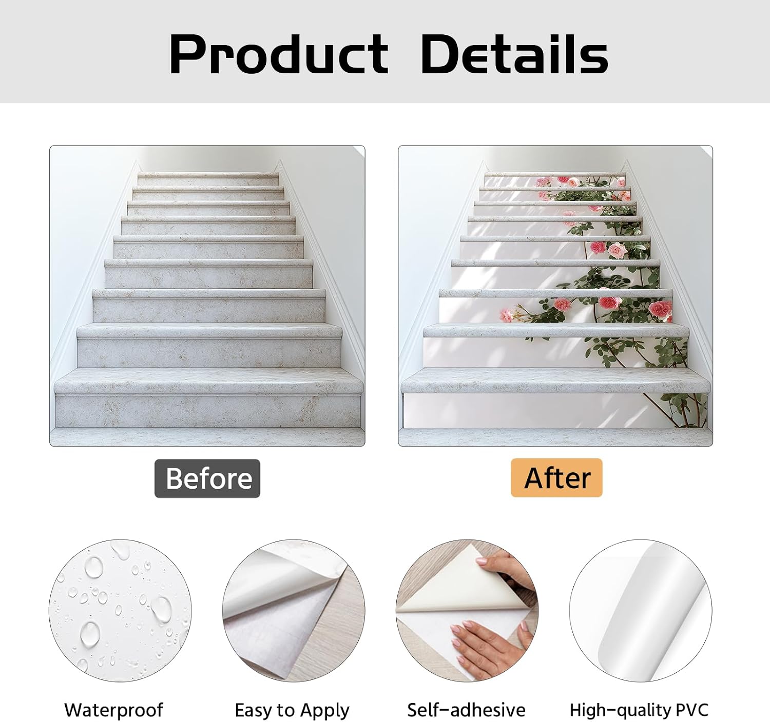PLIGREAT Rose Branches Stair Decals, 15 Pack Peel and Stick DIY Stair Riser Stickers for Steps 7.1"x39" Self-Adhesive Vinyl Floral Style Staircase Murals for Home Hotel Decor