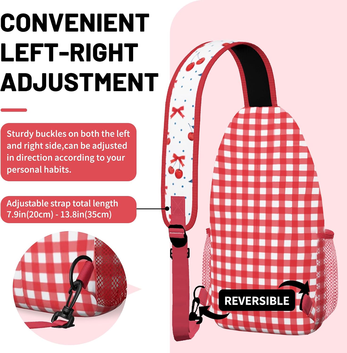 Red Cherry Plaid Sling Bag Crossbody Chest Bag for Women Men, Water Resistant Lightweight Casual Crossbody Bag with Adjustable Strap, Travel Hiking Daypack Shoulder Backpack