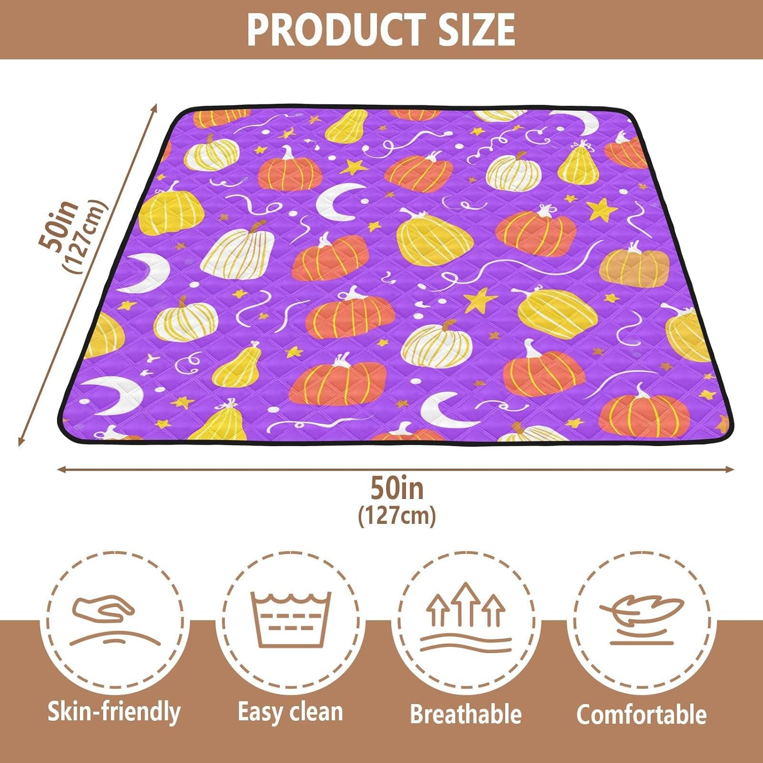 Colorful Pumpkins & Moon Baby Play Mat, 50“ X 50” Washable Folding Crawling Mat, Baby Floor Mat, Soft, Non-Slip
